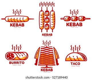 Set of stylized kebab, burrito, taco logo templates, vector illustration isolated on white background. Creative two-colored kebab, burrito, taco logotype templates, Turkish, Mexican fast food