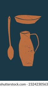 Set of stylized kitchen utensils: plate, spoon, jug. Vector, illustration, drawing, grunge. Orange, blue. Cafe, restaurant, cooking, household. Eps10