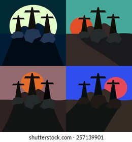 Set of stylized landscapes with three crosses