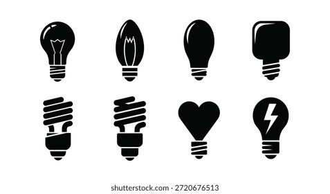 A set of stylized lightbulbs in bold black silhouettes showcase varying designs and forms.