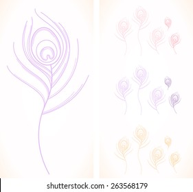 Set of stylized linear peacock  feathers