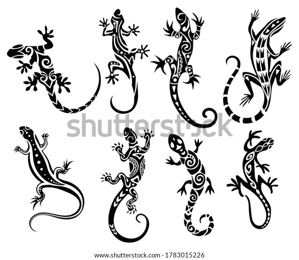 Set of stylized lizard. Collection of\
decorative silhouettes of reptiles. Vector illustration of scaly\
lizards. Lizard logo.Totem design.\
Tattoos.