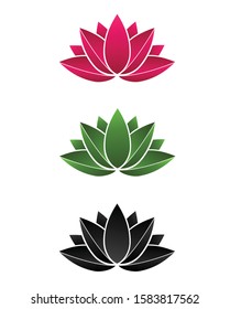Set of stylized lotuses. Symbol of spiritual growth. Yoga, wellness, spa, meditation design. Collection of blooming lotus flowers for a logo. Vector illustration. 