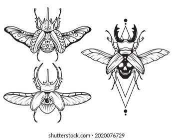 Set of stylized magic beetle. Collection of flying mythical insects scarab, stag beetle, etc. Celestial bugs with skull death. Vector illustration of flying beetles with mystic sign. Linear art.