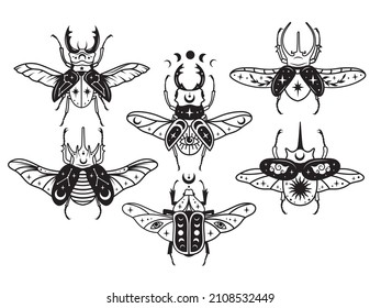 Set of stylized magic beetle. Collection of flying mythical insects scarab, stag beetle, etc. Celestial beetle with skull death. Vector illustration of flying beetles with mystic sign. Linear art.