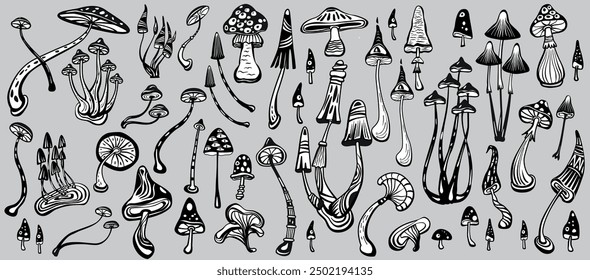 Set of Stylized Magic Mushrooms, outline, black and white, Handmade vector