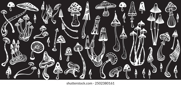 Set of Stylized Magic Mushrooms, outline, black and white, Handmade vector