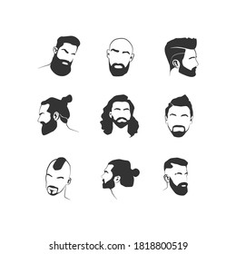 Set of stylized male faces with hair and beards. Vector icons for logo, barbershop. Men's hairstyles, beard and mustache styling. Isolated over white background. EPS 10