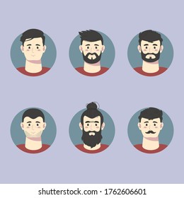 Set of stylized male portraits. Different hairstyles for guys. Avatars are in trend. Men are different. Hipster hairstyles