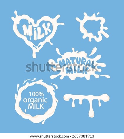 Set of stylized milk splashes in heart, circle, and drip shapes with text like Natural Milk and 100 Organic Milk on blue background. Concept of dairy purity. Vector illustration