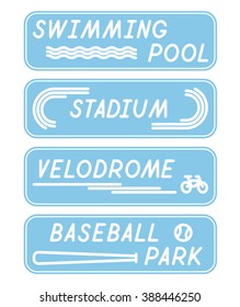 Set of Stylized Minimal Flat Signs with Sport Venues Names. Vector Graphic Nameplates. Swimming Pool, Stadium, Velodrome, Baseball Park Inscriptions and Small Icons