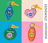 A set of stylized motel keychain illustrations with nostalgic typography featuring minimal and heartfelt messages