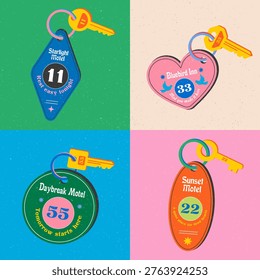 A set of stylized motel keychain illustrations with nostalgic typography featuring minimal and heartfelt messages