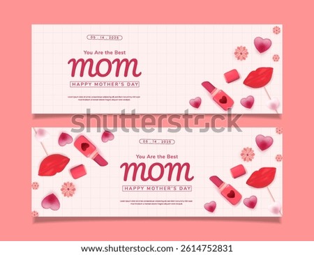 Set Stylized Mothers Day banner featuring decorative elements like hearts, flowers, lipstick designs, and celebratory typography composed on a grid pattern background.