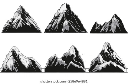 Set of stylized mountain illustrations, showcasing different mountain ranges in a graphic design.