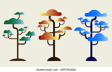 a set of stylized multi-colored images of trees for the design of illustrations, postcards, interiors in a cartoon style