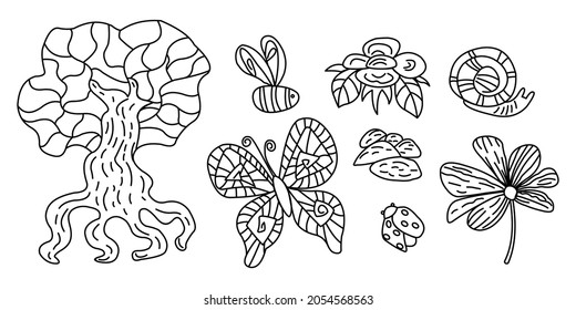 Set of stylized natural elements tree, butterfly, bee, flower, snail, ladybug. Linear contour drawing decorative doodles set of natural stickers.
