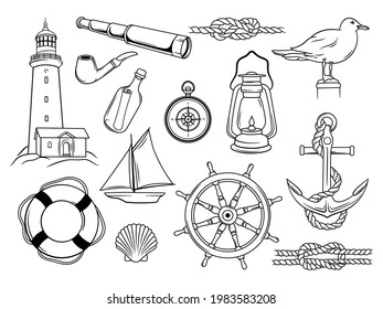 Set of stylized nautical. Collection of items of marine objects. Set of sea captain equipment for travel. Welcome aboard. Vector illustration for children.