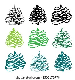The set of stylized new year trees. The isolated silhouettes on white background. The simple design for decorations, prints on wrapping paper and cards. Dots, line, spots. Black, green, blue