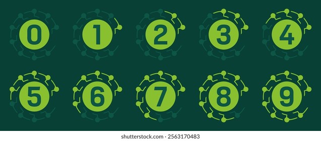 Set of stylized numbers. Each enclosed within a circular frame of interconnected dots. Illustration featuring number surrounded by a network of connected nodes.