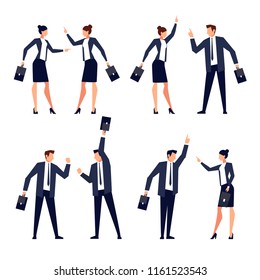 Set of stylized office workers in suits, briefcase. Jubilant people with their hands up, successful transaction. Vector illustration in a flat style.