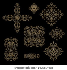 Set of stylized ornamental floral rosettes, vignettes, adornments on dark background