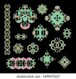 Set of stylized ornamental floral rosettes, vignettes, adornments on dark background
