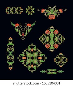 Set of stylized ornamental floral rosettes, vignettes, adornments 