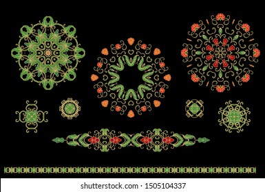 Set of stylized ornamental floral rosettes, vignettes, adornments 
