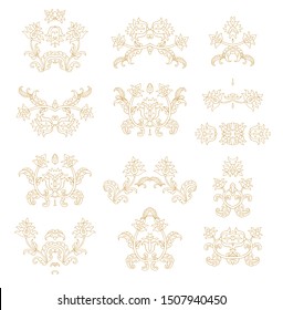 Set of stylized ornamental floral  vignettes, adornments on white background