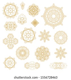 Set of stylized ornamental rosettes, snowflakes, mandalas on white background