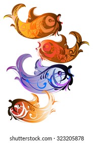A set of stylized ornamental tropical fish
