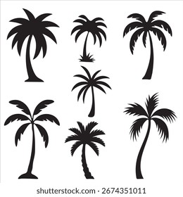Set stilisierter Palmenbaum-Silhouetten für Sommerurlaub-Designprojekte und tropische Illustrationen mit schwarzen Formen auf weißem Hintergrund