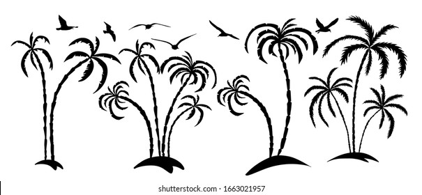A set of stylized palm trees with seagulls. Vector illustration
