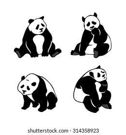 Set of stylized panda bears, vector silhouettes