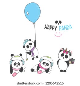 set of stylized pandas in different positions. Illustration for kids. fly with balloon, listening music, hold flower.