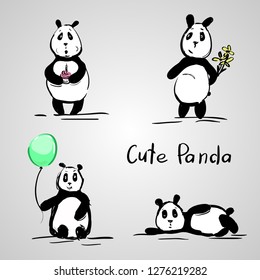 set of stylized pandas in different positions