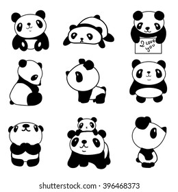 set of stylized pandas in different positions