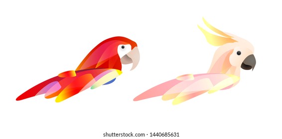 Set of stylized parrot heads with feathers. Logo of macaw parrot and cockatoo. Vector element for icons, articles and your design.