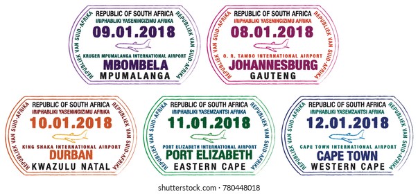 Set of stylized passport stamps for major South African airports in vector format.