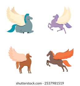 Set of stylized pegasus illustrations featuring different colors, suitable for diverse creative projects