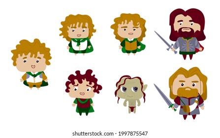 A set of stylized people. Characters. Warrior with a sword and hobbits. Character for animation or game. Vector stock illustration. White background. Stickers.  svg
