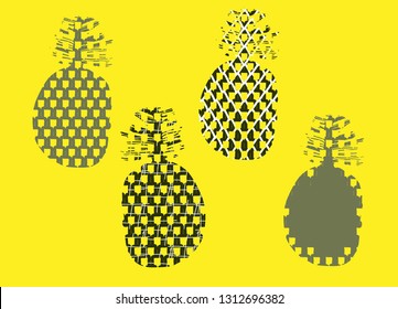 Set of stylized pineapple fruits in doodle style. Tropical Collection Doodle Outline. Perfect for design and print of banners, posters, pages, print on clothes, cards, t-shirts for children.