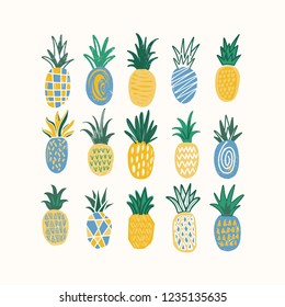 Set of stylized pineapples of various texture isolated on white background. Bundle of tropical fresh juicy fruits. Colored hand drawn vector illustration in trendy doodle style for T-shirt print.