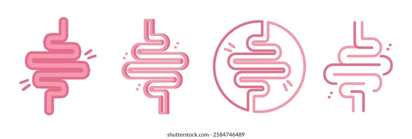 A set of stylized pink intestine icons in different graphic styles on a white background. Concept of digestion, gut health, and medical illustration