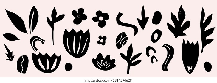 Conjunto de elementos de planta estilizados, conjunto vector de fragmentos negros contemporáneos. Elementos para el diseño.