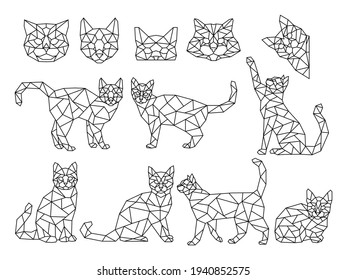 Set of stylized polygonal cats. Collection of geometric cats in different poses. Design of origami animals. Peeking pets. Linear art. Vector illustration of triangle kitty on white background.