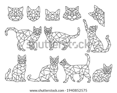 Set of stylized polygonal cats. Collection of geometric cats in different poses. Design of origami animals. Peeking pets. Linear art. Vector illustration of triangle kitty on white background.