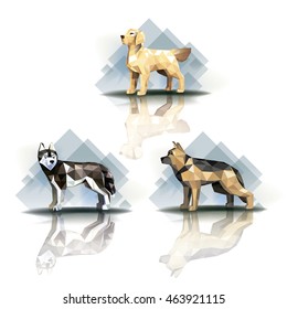 Set of stylized polygonal dogs of different breeds