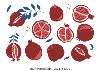 Conjunto de romãs estilizadas. Vetor mão desenhou frutas e folhas coleção ilustração isolada no fundo branco.